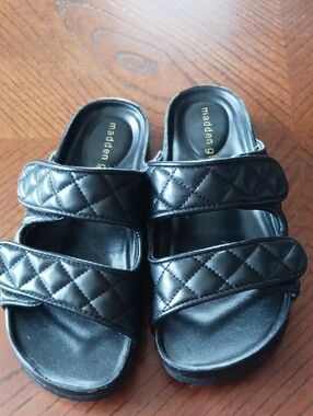 Madden Black Quilted Double-Strap Slide Sandals